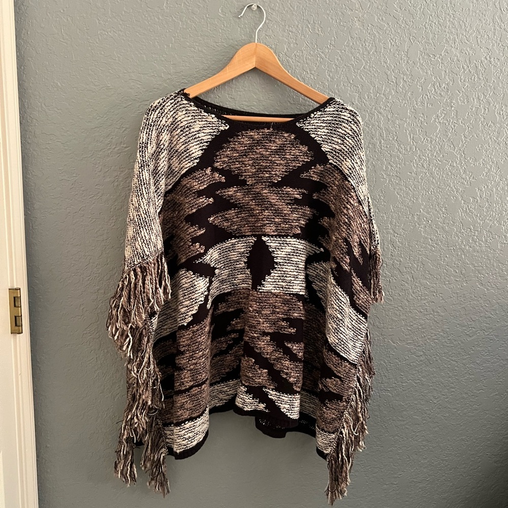 shawl poncho womens one size sweater tribal aztec western neutral brown knit